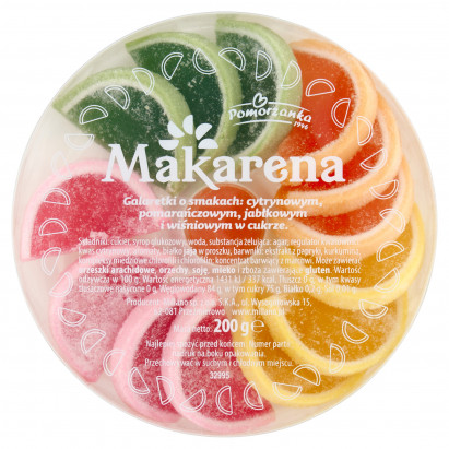 Pomorzanka Makarena Galaretki o smakach cytrynowym pomarańczowym jabłkowym wiśniowym w cukrze 200 g